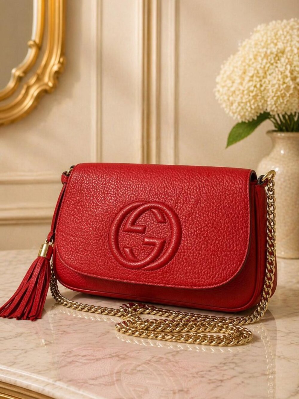 Authentic Gucci Soho Leather Chain Flap Crossbody Red | GG Logo Shoulder Bag